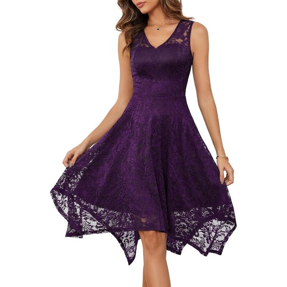 Dresses & Skirts - Women's Grape Handkerchief Hem Lace Formal Fancy Prom Cocktail Party Dresses
